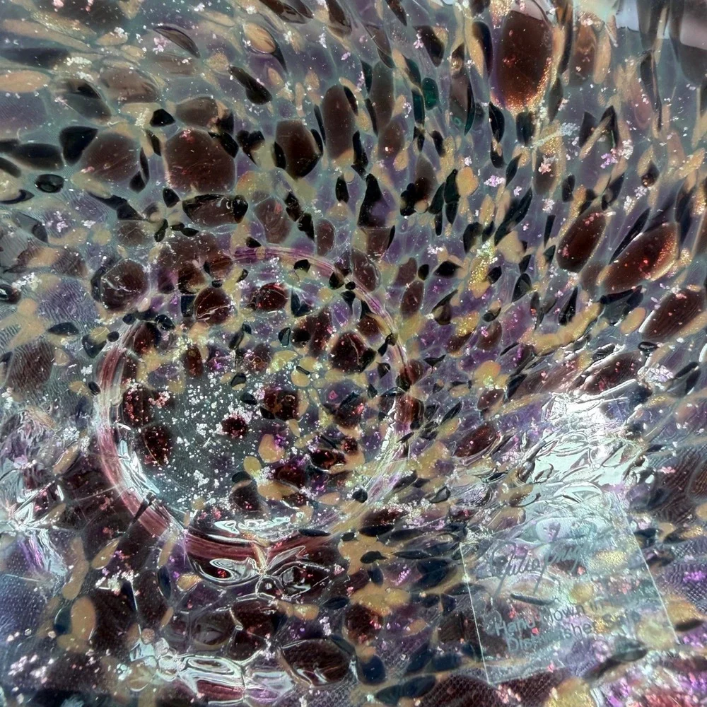 Julia Knight Hand Blown Italy Art Glass Bowl Dish Purple Amber‎ Silver Confetti